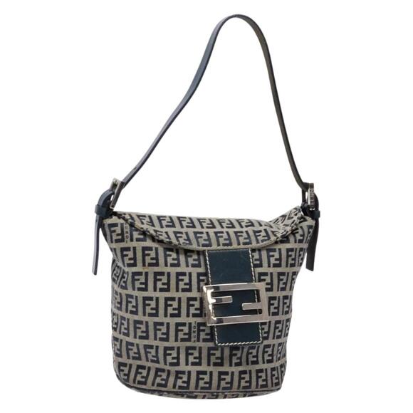 FENDI Zucchino Canvas Mamma Baguette Shoulder Bag Navy Gold - Picture 1 of 12